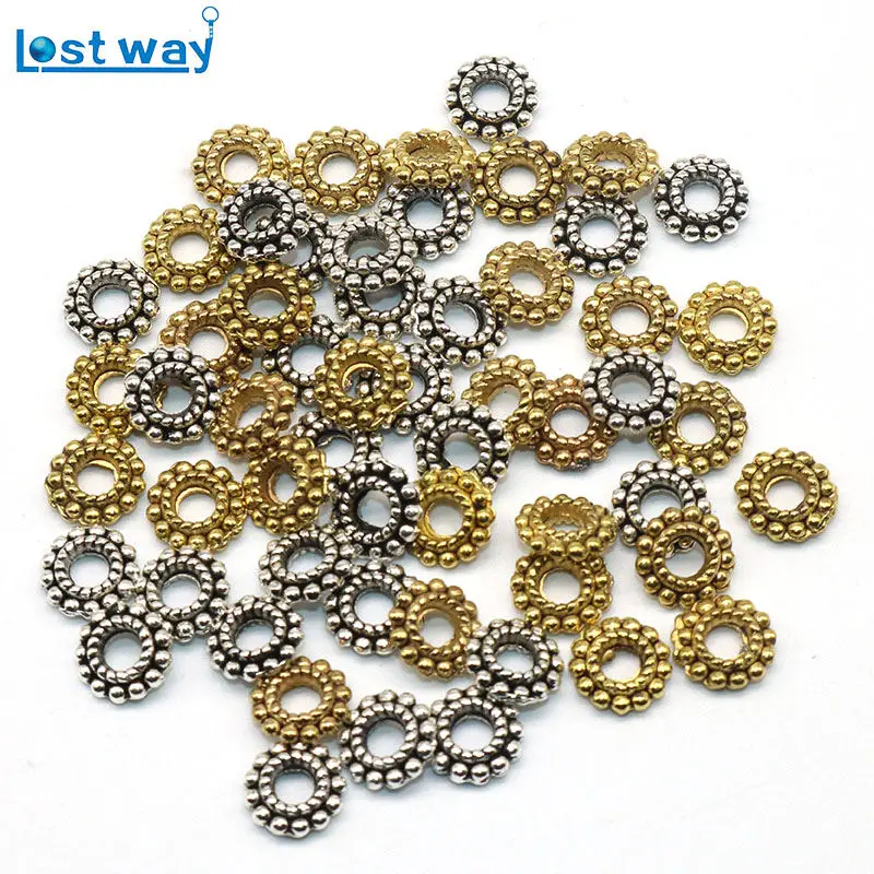 

100pcs/lot Metal Antique Silver Spacer Beads Round Wheel Pattern Bead Charms For Jewelry Making Jewelry Finding 6mm Hole is 2m