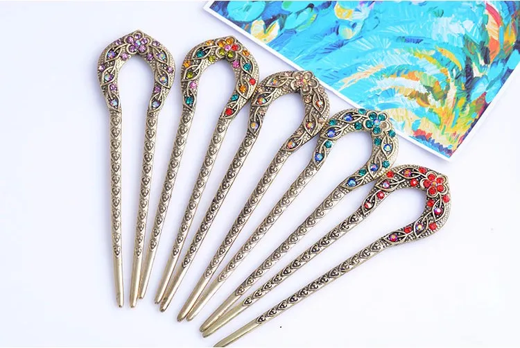 Retro Hair Jewelry Antique Bronze Plated Hairpins U shape Hair Sticks Women Rhinestone Flower Hair Accessories 13