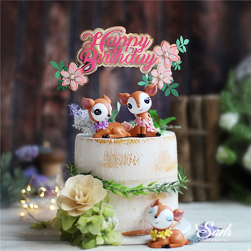 Ins Sika Deer Fawn Decoration Double Layer Flower Cake Toppers for Children Birthday Party Wedding Baking Supplies Sweet Gift