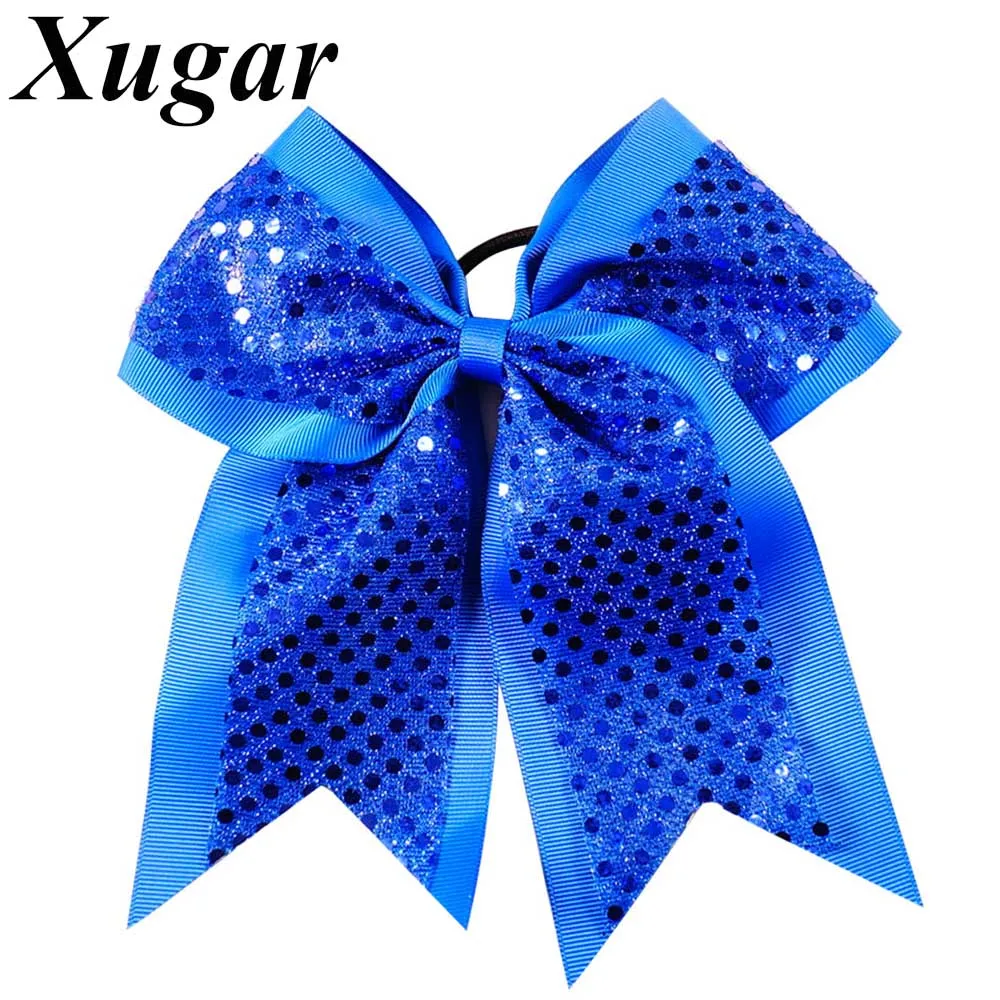 

2 Pcs/Lot 8" Large Sequin Solid Grosgrain Ribbon Cheer Bows Rubber Band Girls Cheerleading Bow Layers Hair Accessories