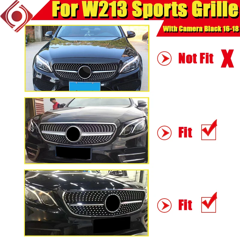 W213 E63 look Diamonds Grille ABS glossy Black With camera E class sports 4-doors E180 E200 E250 E3