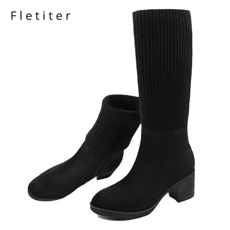 

Fletiter Fashion Ladies Knee High Winter Boots knitting sock Boots Woman Black slip on Warm Fur Women Thigh High Boots Shoes