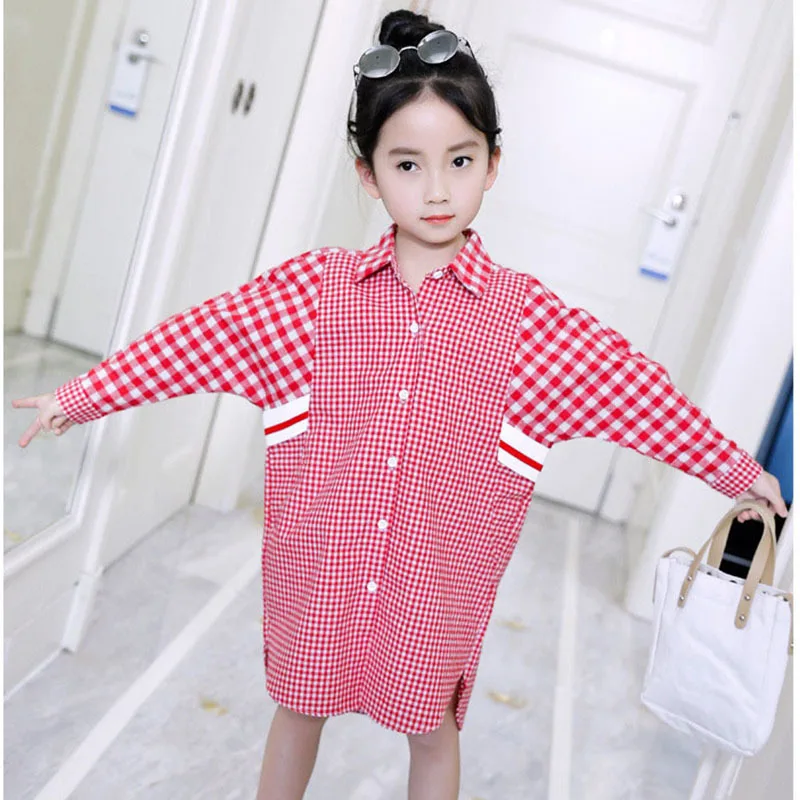 

black red school big girls plaid long shirt dress spring autumn 2018 girl tops knee length kids long sleeve dress girl baby
