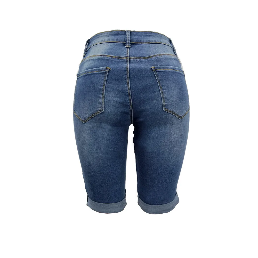 Helisopus 2019 летние женские джинсовые шорты с высокой талией обтягивающие джинсы до колена эластичное классические синие джинсы