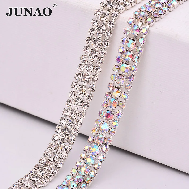JUNAO 1 ярд 3 ряда SS8 + SS16 прозрачные стеклянные стразы AB цепочка для чашки