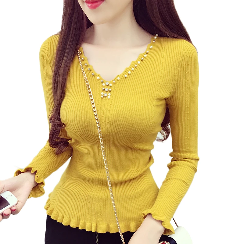 Spring Autumn Women Sweater 2019 New Fashion Beading V-neck Knitted Tops Solid Slim Elasticity Knit Pullover Sweater Female Y87