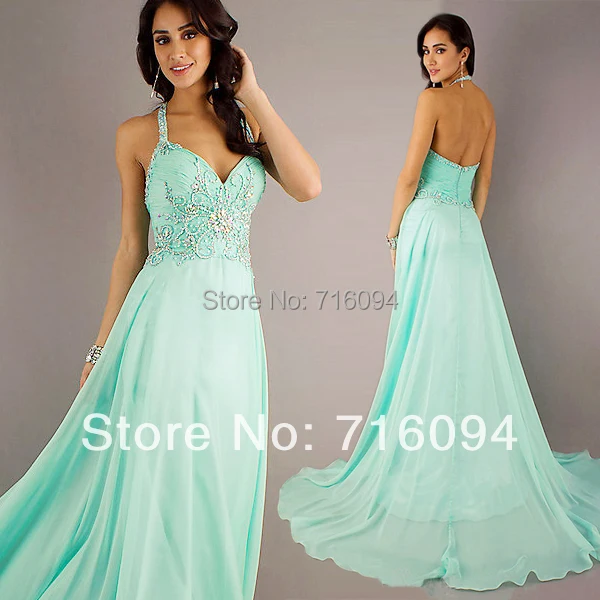 2014 Fashion Handmade Halter neck Evening Dress Deep V Sexy Light Green ...