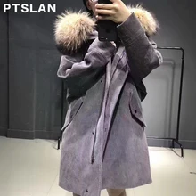 Ptslan 2017 Women s Real Raccoon Fur Collar Wool liner Genuine Sleeve Long Coat Parka