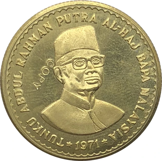 Malaysia 1971 100 RINGGIT TUNKU ABDUL RAHMAN PUTRA AL HAJ BAPA Gold Coin Brass Metal Copy Coins