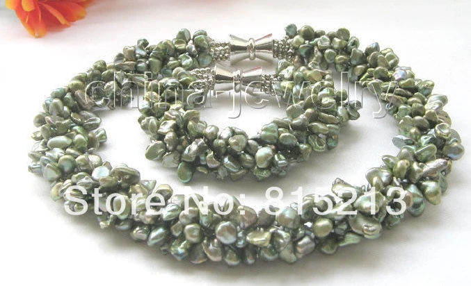 

ddh00834 17" & 8" 5row 8mm green baroque keshi reborn FW pearl necklace & bracelet