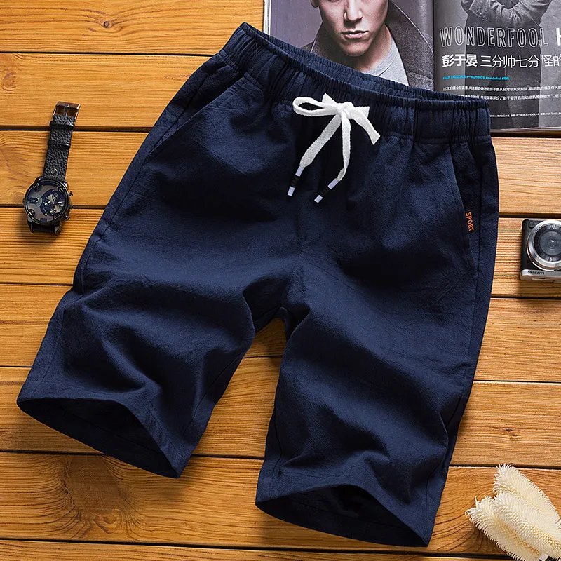 Navy blue Модная летняя Шорты для мужчин однотонной льняной ткани Шорты мужские летние свободные дышащие повседневные шорты пляжные шорты большие размеры 5XL - Цвет: Navy blue