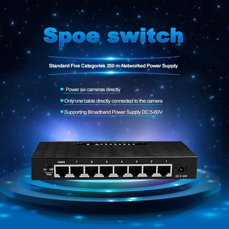 8 портовый коммутатор SPOE Ethernet с адаптером питания 90 Вт для сетевых IP камер или
