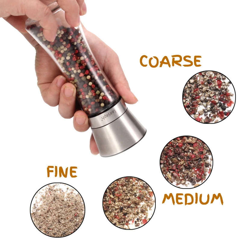 Beautiful Stainless Steel Salt & Pepper Grinders Refillable Set - Two 5 oz Salt / Spice Shakers with Adjustable Coarse Mills - Easy Clean Ceramic