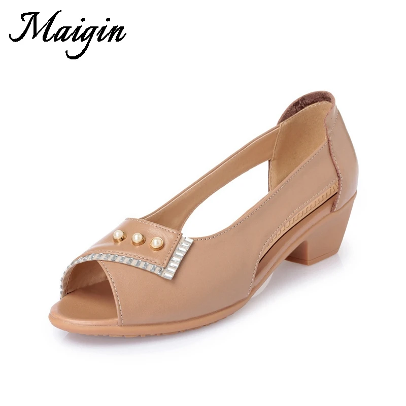 Maigin Cow Leather Sandals Women 2018 Peep Toe Genuine Leather Summer Shoes Cover Heel Pearl Women Sandals Hot Ladies Shoes