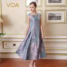 VOA Brand Silk Vintage Dresses Women Solid A-Line Short Sleeves Square Collar Draped Maxi Vestidos Female A7701