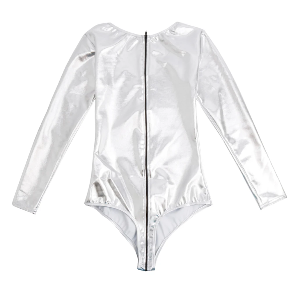 iEFiEL Sexy Womens Wetlook Bodycon Patent Leather Leotard Bodysuit with Zipper Crotch High Cut Dancewear for Nightclub Parties white bodysuit