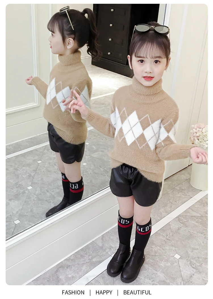 Fashion Autumn Winter Baby Girl Knitted Velvet Sweaters Casual Children Clothes Long Sleeve Turtleneck Thick Sweater 4-15Y