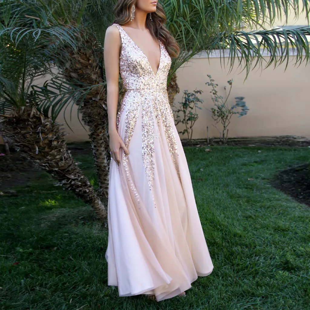 

Dress Women Summer 2019 Sequin Print Sexy Sleeveless Deep V Neck Hollow Out Formal Wedding Party Dress Women Elegant Vestidos