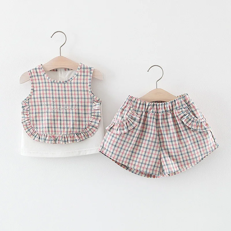 

Summer Baby Girls Kids Children Infants Sleeveless Ruffles Plaid T-shirt Tops+Shorts Pants Princess Clothing Sets Outfits S8538