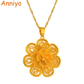

Anniyo Flower Pendant Necklaces for Women Gold Color Plant Jewelry Fashion Gifts #202006