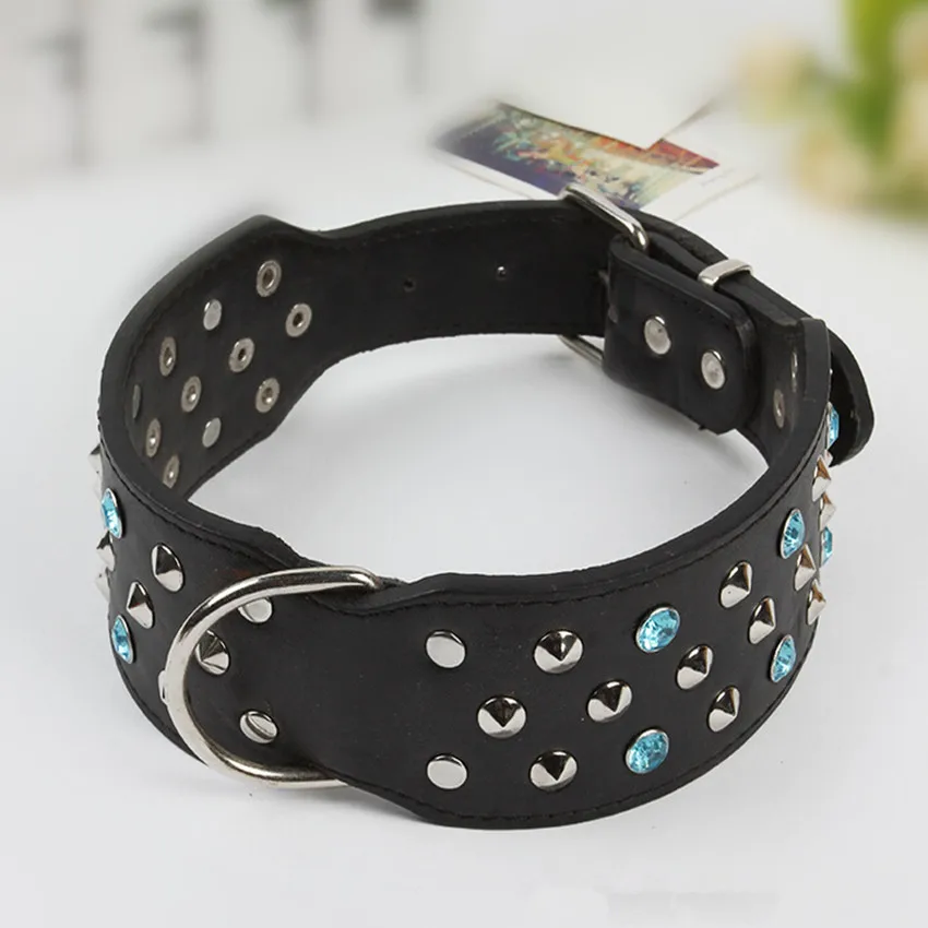 Promotion Large Dog Collar Black Leather Dog Collars With Rhinestone