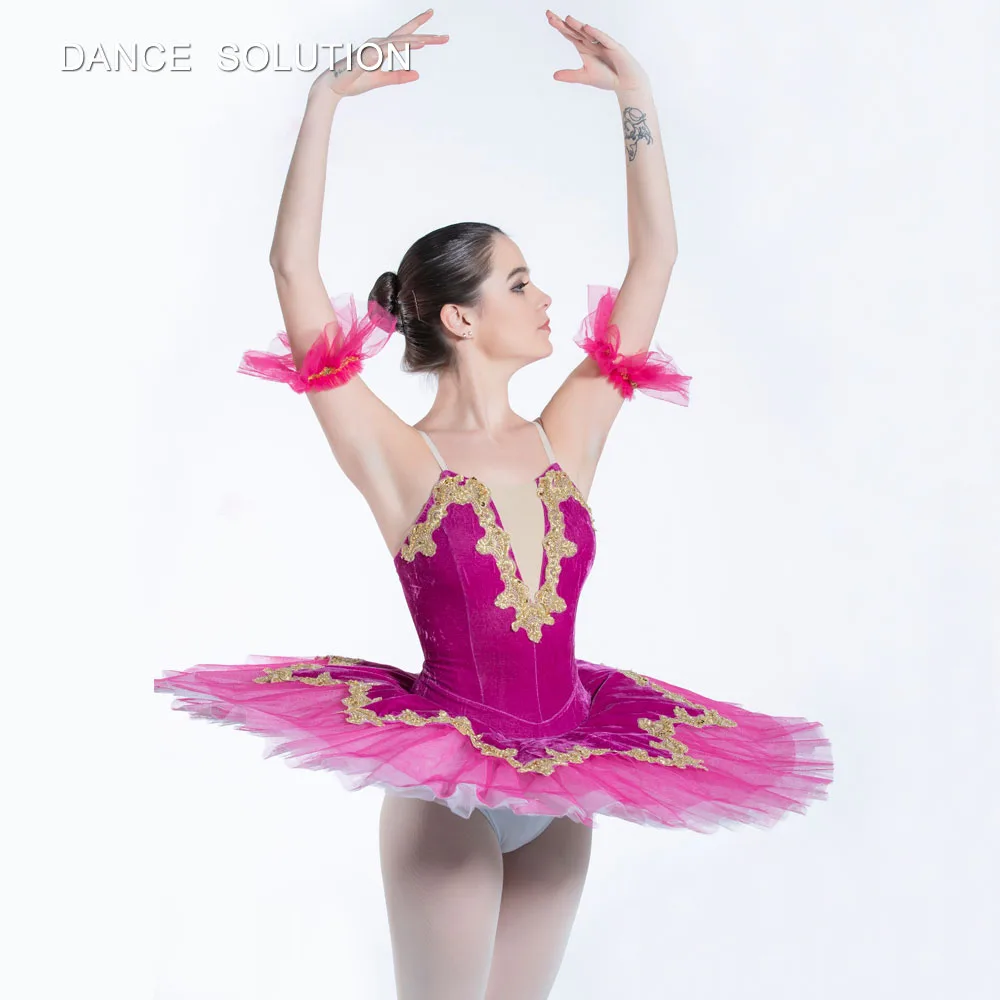 Ярко розовый бархатный лиф с телесным v-образным вырезом Плиссированные пачки для взрослых Профессиональный балетная пачка танцевальные костюмы балерины для девочек BLL074