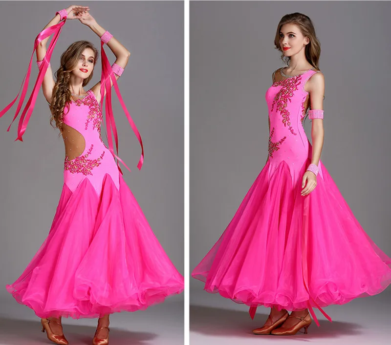 Гладкое бальное платье, женские платья для конкурса бальных танцев, стандартный Венский вальс, платье, Одежда для танцев, Женская Блестящая розовая