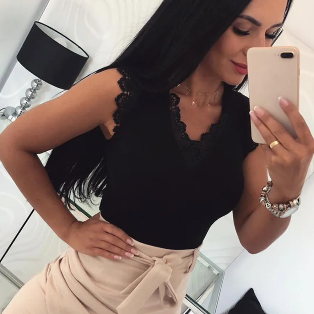 

2019 Sexy Tops Women Short Sleeve Loose T Shirt Summer Ladies Casual V-neck Tees Top Pure Color Lace Patchwork T-Shirt