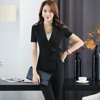 

Summer Short Sleeve Formal OL Styles Professional Pantsuits With Jackets And Pants Ladies Office Work Wear Trousers Set Blazers
