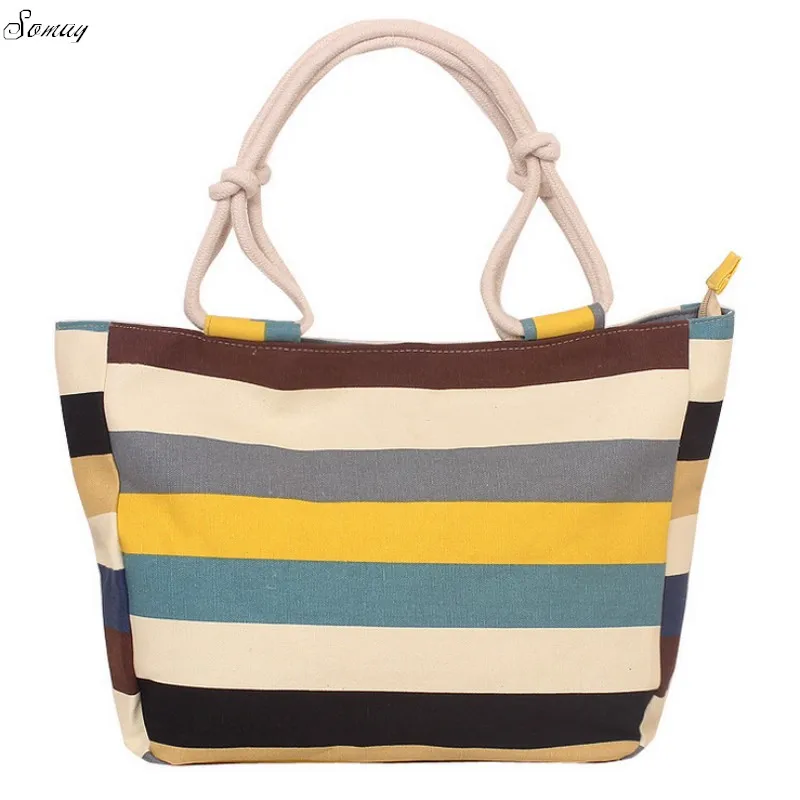 Новая летняя парусиновая сумка-шоппер в полоску, радужные, яркие принты, пляжные сумки, сумка-тоут для женщин, девушек, сумка на плечо, повседневная сумка - Цвет: Style 1