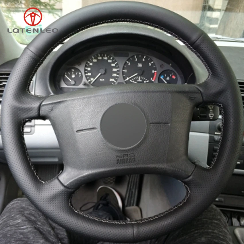 

LQTENLEO Black Artificial Leather Hand-stitched Car Steering Wheel Cover for BMW E46 318i 325i E39 E53 X5