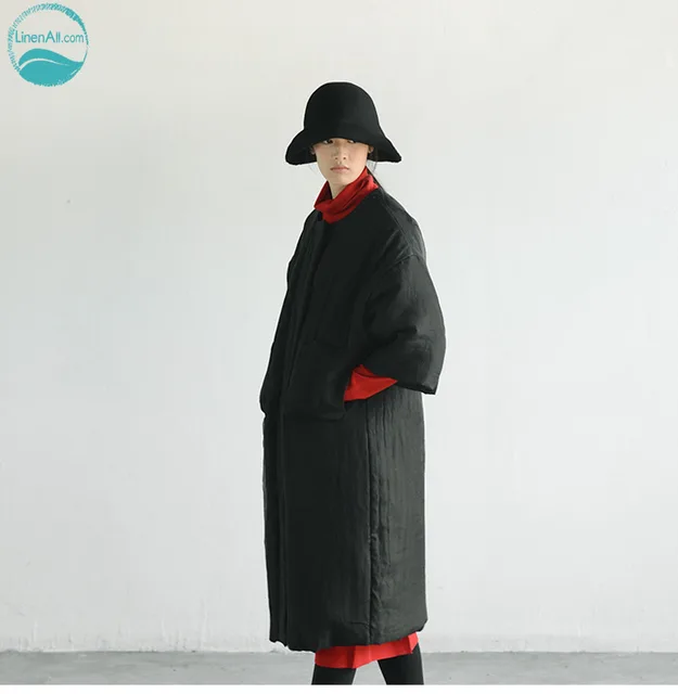 Cheap LinenAll.com women's black parkas, 100% silk thick original design winter straight O-neck long parkas coat outerwear female LT