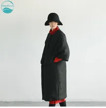 LinenAll.com women’s black parkas, 100% silk thick original design winter straight O-neck long parkas coat outerwear female LT