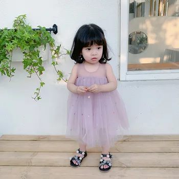 

2019 Summer New Arrival korean style cotton pure color sleeveless princess dress with paillette for cute sweet baby girls