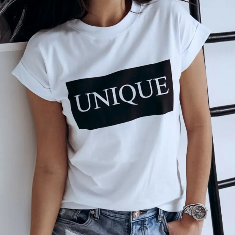 

New Women Casual Cotton Short Sleeve O-neck Loose T-Shirts Fashion Ladies Summer Letter Pattern Tops