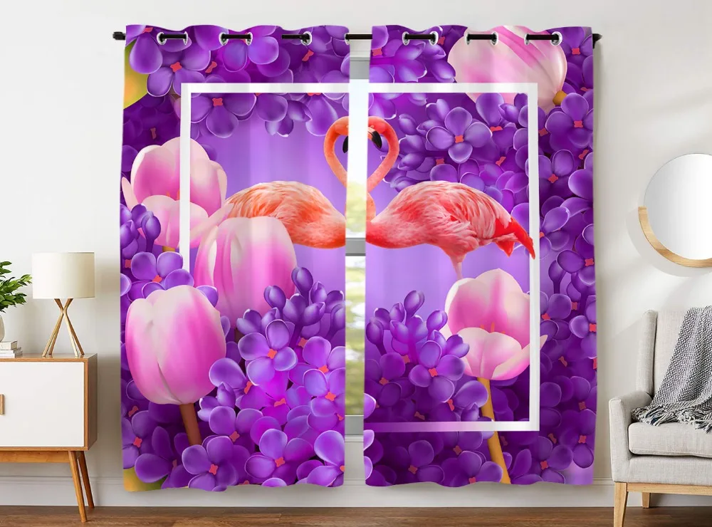 

HommomH Curtains (2 Panel) Grommet Top Darkening Blackout Room Pink Flamingo Tulip Purple Lilac Colorful