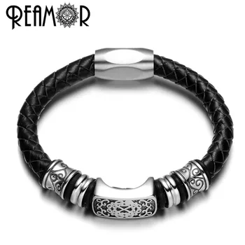 

REAMOR 316L Stainless Steel Fashion Charms Beads Bangles 17-21cm Men Bracelets 8mm Genuine Leather with Magnet Clasp Bracelet