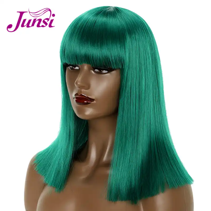 Junsi Bob Corto Pelucas Sinteticas Red Rosa Verde Oscuro Pelo De Fibra De Alta Temperatura Flequillo Para Mujeres Aliexpress
