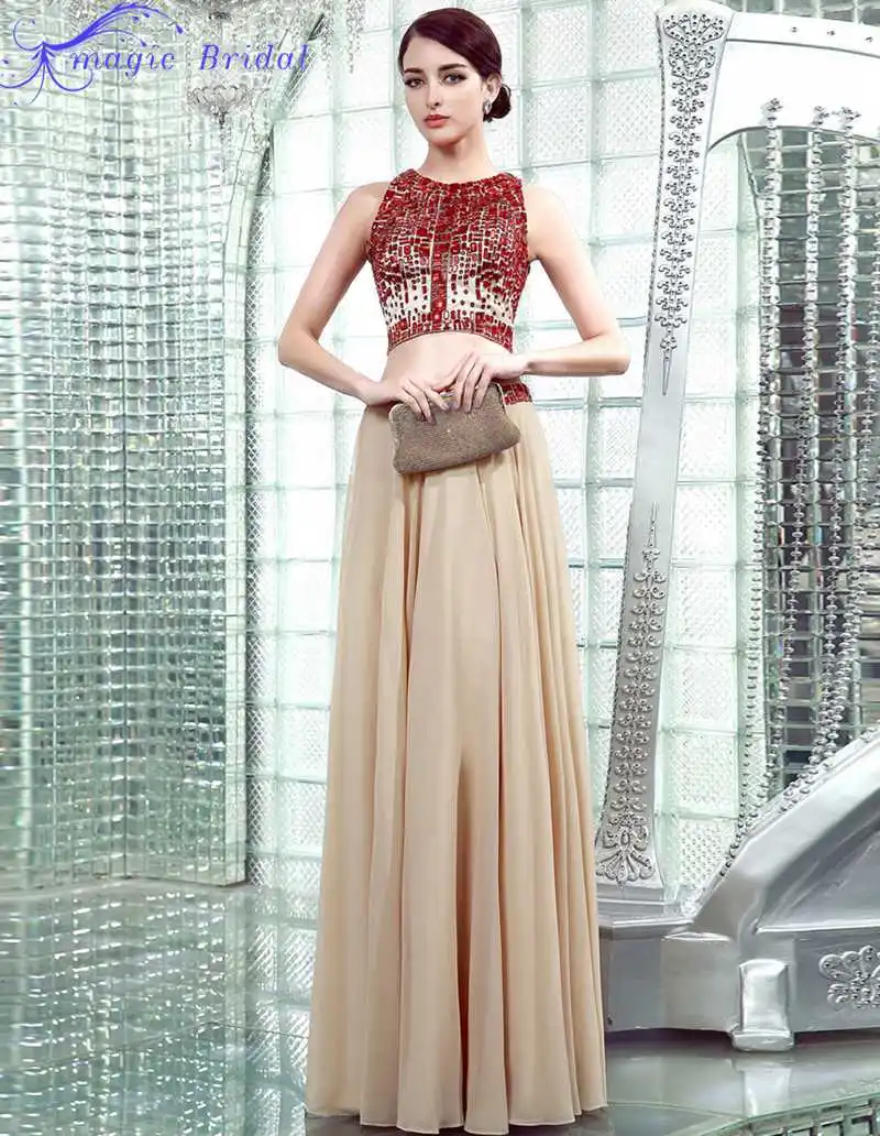 Fast Shipping Sexy Red Crystals Chiffon Long Prom Dress Two Piece Prom