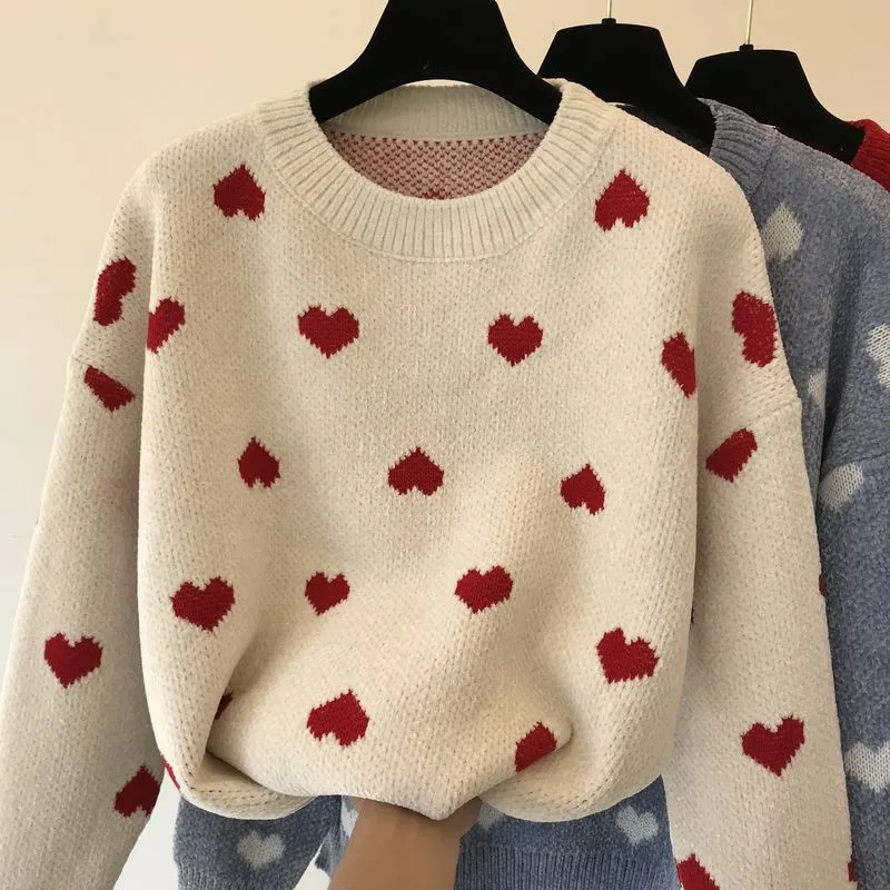Autumn Winter Women Cozy Round Neck Korean Cute Sweater Harajuku Heart