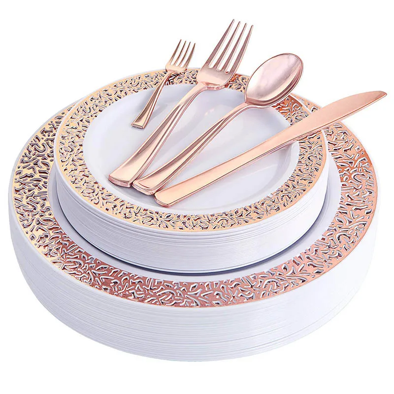 150 шт розово-Золотые пластиковые тарелки с одноразовыми пластиковыми столовыми изделиями, наборы пластиковых столовых приборов с кружевным дизайном включают 25 обеденных тарелок - Цвет: Rose Gold plate