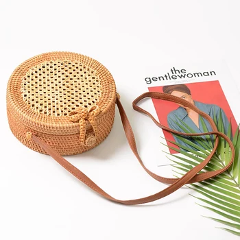 

AUAU-Women Round Hot Manual Rattan Single For Shoulder Bali Beach Bag