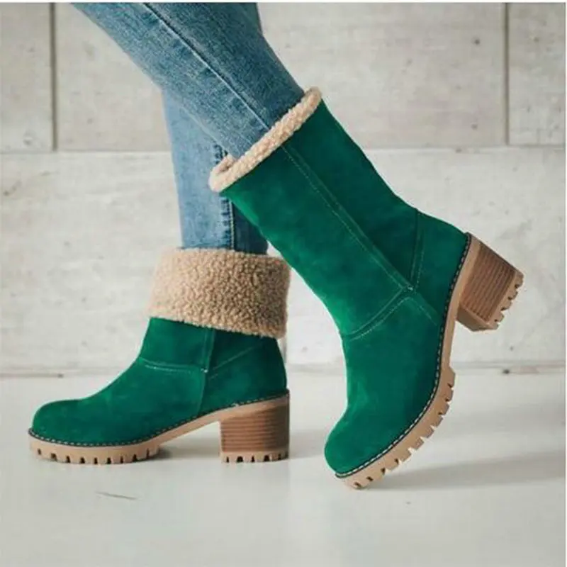 Зимние плюшевые теплые женские ботинки; коллекция года; женские зимние ботильоны на квадратном каблуке; женская повседневная обувь на платформе с искусственным мехом - Цвет: Зеленый