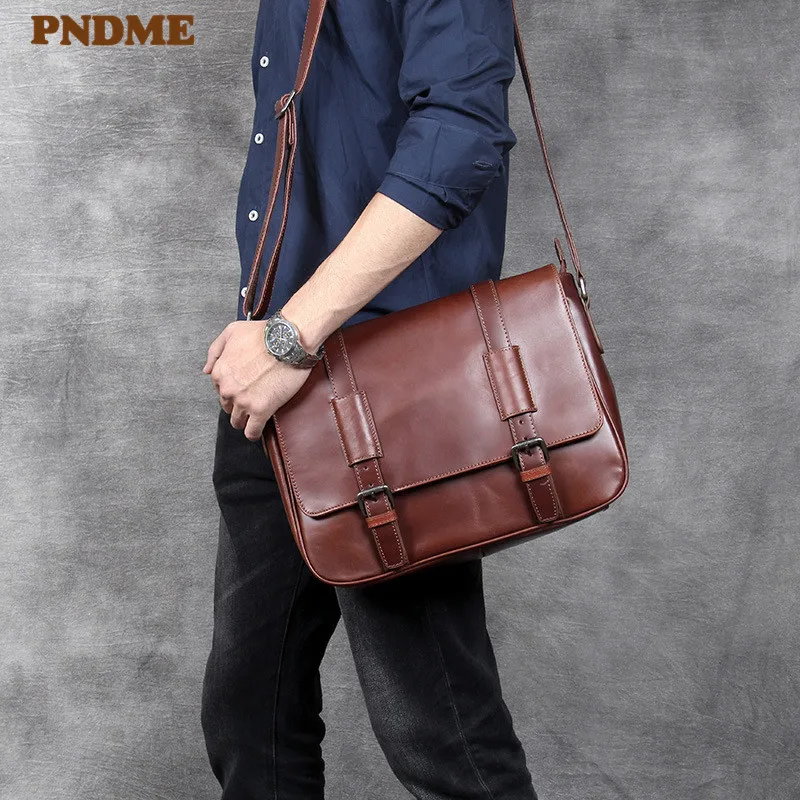 

PNDME high quality casual genuine leather men's shoulder crossbody bags simple fashion outdoor travel designer work computer bag