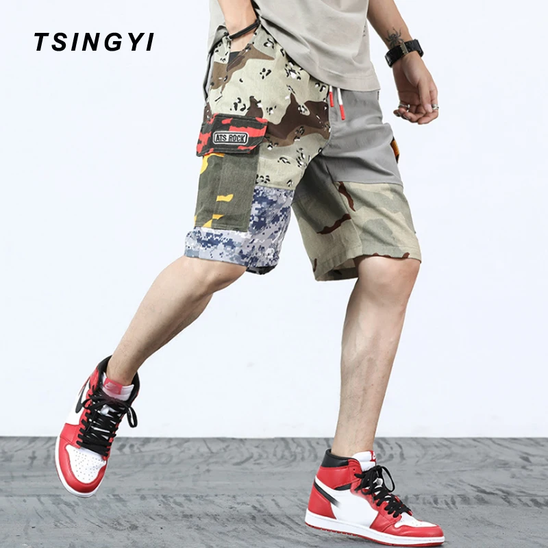 

Tsingyi Summer Patchwork Camouflage Military Mens Cargo Shorts Camo Hip Hop Streetwear Cotton Multi Pockets Loose Men Shorts