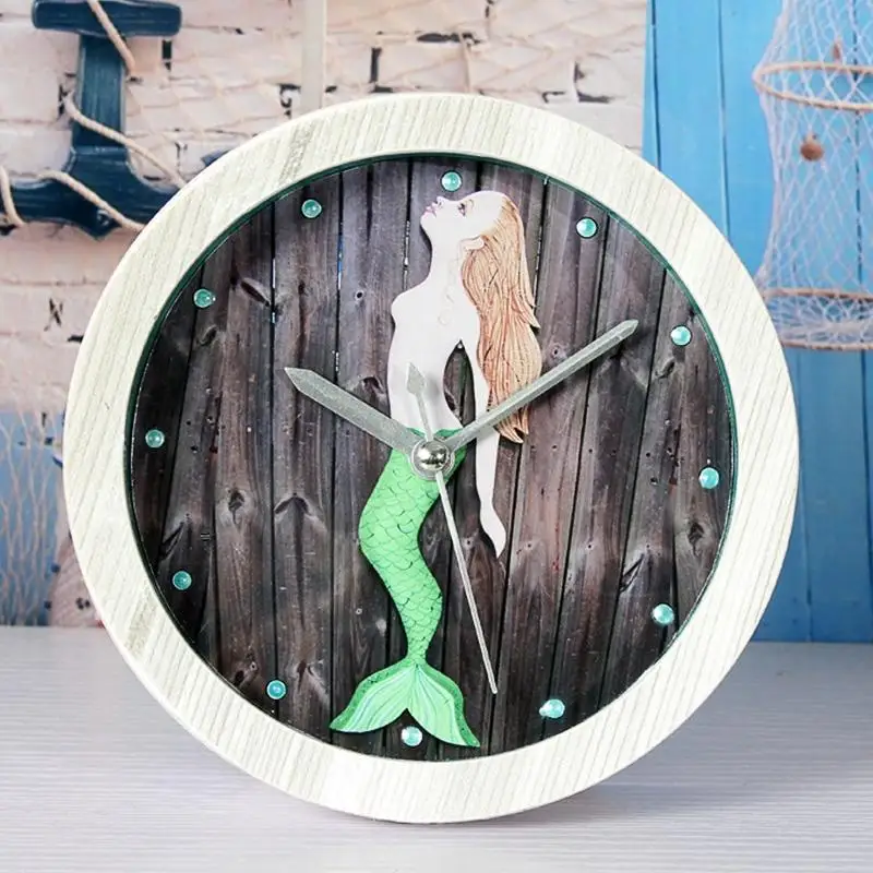 

LumiParty Mute Quartz Alarm Clock, Retro Mermaid Round Wooden Clock, Small Silent Desk Time Clocks Home Office Decoration-25