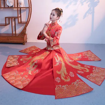 

Chinese Traditional Bride Wedding Party Cheongsam Suit Exquisite Embroidery Flower&phoenix Marriage Qipao Elegant Women Dress
