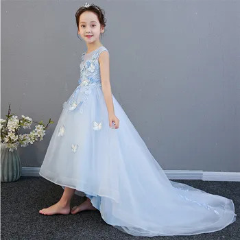 

2018 Summer New Noble Elegant Children Girls Pink/Blue Birthday Wedding Party Princess Flowers Dress Babies Teens Host Dress