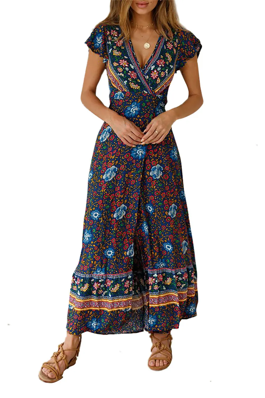 Gladiolus Bohemian Women Summer Dress Short Sleeve V Neck Floral Print Belt Tunic Split Sexy Beach Dresses Women 2019 Maxi Dress (32)