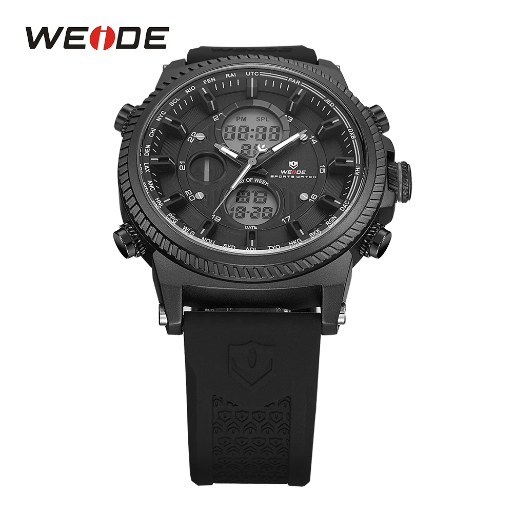 WEIDE Mens Black Sports Stopwatch Quartz Digital Watch Date Day Alarm Silicone Band Buckle Man Wristwatches Relojes Para Hombres